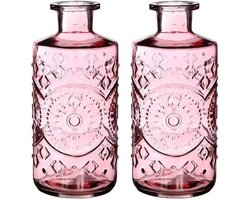 Glazen Fles Set - Decoratieve Vazen - Woondecoratie - Vintage Look Patroon - Ø9cm H22cm - Roze