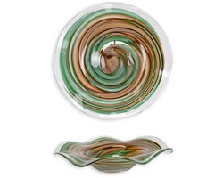 Glazen Fruitschaal Handgemaakt Decoratief – Luxe Golvende Randen in Groen en Bruin – Unieke Kunstzinnige Schaal van Glas voor Woonkamer, Eettafel en Keuken – Design Fruitschaal Groot Formaat