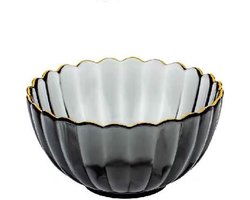 Glazen fruitschalen, glazen kommen met gouden rand, saladeschalen, dessertborden voor thuis, fruitborden, servies, een set van 3 stuks, 1 grote (diameter 24 cm) en 2 kleine (diameter 19 cm), rookgrijs.