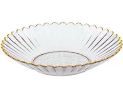 Glazen fruitschalen, glazen kommen met gouden rand, saladeschalen, dessertborden voor thuis, fruitborden, servies, set van 2 stuks, 1 grote (diameter 24 cm) en 1 kleine (diameter 19 cm), goud.