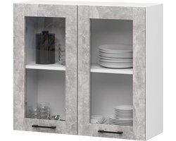 Glazen Hangkast - Keuken Bovenkast - Keuken Organisatie - Twee Glazen Deuren - 80 cm Breed - Wit Beton