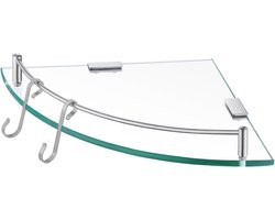 Glazen Hoekplank Badkamer Wandmontage met Rail - Geborsteld Staal
