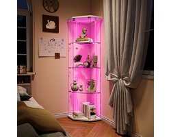 Glazen hoekvitrine met LED-strip en 4-laags vitrinekast met glazen deuren, voor verzamelobjecten en sterke drank, wit