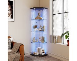 Glazen hoekvitrine met LED-strip en 4-laags vitrinekast met glazen deuren, voor verzamelobjecten en sterke drank, zwart