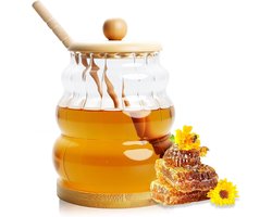 Glazen Honingpot 500ml - Met Dopper - Bamboe Voet & Deksel - Honing Stroop Dispenser - Keukenaccessoire