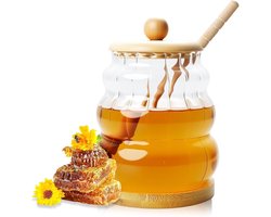 Glazen honingpot van 450 ml met brede opening, lepel en deksel van hout voor honing, jam en siroop opslag