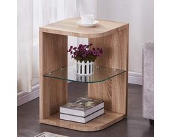 Glazen houten bijzettafel bijzettafel kleine salontafellamp bank nachtkastje met opbergruimte voor woon-/slaapkamer, eiken afwerking