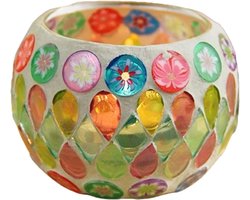 Glazen Kandelaar - Theelichthouder - Huisdecoratie - Kleurrijke Lichtprojecties - 11 x 9 cm - Veelkleurig