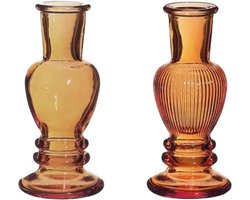 Glazen Kandelaars - Kaarshouders Set - Sfeer Creëren - Geribbeld en Effen Ontwerp - 11 cm Hoog - Verbrand Oranje
