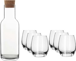 Glazen karaf/schenkkan met kurken dop van 1 liter met 6x stuks drinkglazen/waterglazen 330 ml