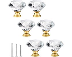 Glazen kastknoppen met gouden basis - 30mm diamantvorm voor ladekasten, keukens en meubels (6 stuks, transparant)