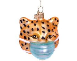 Glazen kerst decoratie gouden panter met masker H7.5cm