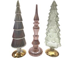 Glazen Kerstbomen Set van 3 – 35 cm – Trendy Kleuren – Luxe Kerstdecoratie voor Tafel en Vensterbank Rood Roze Oranje met lichtjes