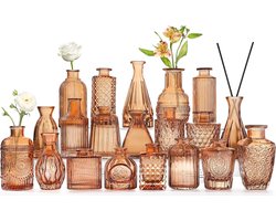 Glazen Knopvazen - Kleine Vazen Set - Bloemen Decoratie - Set van Twaalf - 76 x 71 cm - Amber