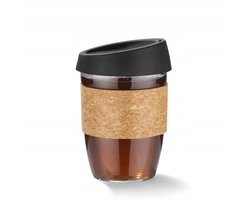 Glazen Koffiemok met Kurken Band en Siliconen Deksel - 380ml