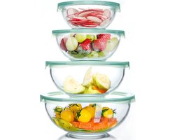 Glazen kom met deksel, set van 4 (0,95 l, 1,5 l, 2,4 l, 3,5 l), grote ronde slakommen, bakkommen, magnetron- en vaatwasmachinebestendig voor mixen, bewaren en serveren