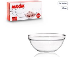 Glazen Kommen Set – 4 Stuks – 12 cm – Transparant – Saladekommen / Serveerschalen – Geschikt voor Salade, Dessert, Snacks en Meer – Vaatwasserbestendig – Maxim Glassware
