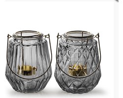 Glazen lantaarn set - set van 2- Grijs/Goud - Gouden inzet