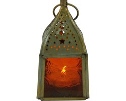 Glazen Lantaarn - Windlicht Waxinelichthouder - Sfeer Creëren - Filigraan Metaalwerk - 10x55x55 cm - Oranje