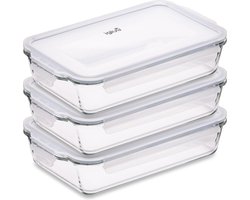 Glazen lasagnevorm met luchtdicht klikdeksel - Grote rechthoekige bakvorm - BPA-vrij, magnetron-, vries- en vaatwasmachinebestendig 2,2 l (kook- en vriezer) - 3-delige set