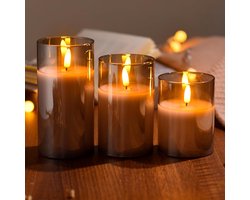 Glazen LED-kaarsen op batterijen met afstandsbediening en timer, gemaakt van echte was, warm en fonkelend licht, geschikt voor feestdagen, bruiloften, familiebijeenkomsten en decoratie (set van 3) - Grijs