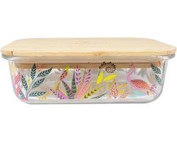 Glazen Lunchbox met Houten Deksel en Bloemenprint - 640ml