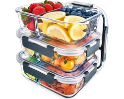 Glazen Meal Prep Containers - 3 Compartimenten - Luchtdichte Kliksluiting Deksels - BPA Vrij - Magnetron Vriezer Vaatwasserbestendig - Portie Controle - Vershoudbak - Set van 3 Meal prep bakjes