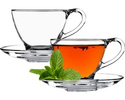 Glazen mok met onderzetter, 200 ml/250 ml, transparante glazen kopset, theekopjes, koffiekopjes, kopjes met schoteltje, glazen kop met onderzetter (Hannah / 2 stuks)
