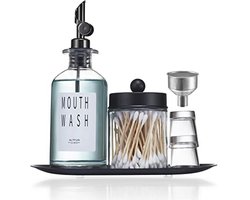 Glazen Mondwater Dispenser met Cups en Qtip Houder – 11.8oz Navulbare Mondwater Container met Tray en Trechter