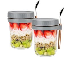 Glazen mueslibeker to go met lepel, 400 ml yoghurtbeker Overnight Oats glazen, luchtdichte container voor yoghurt, muesli, mepal, pap, melk, vruchten (grijs)