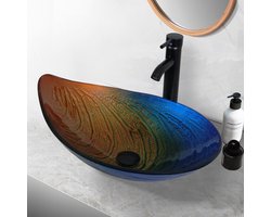 Glazen opzet wastafel waskom wasbak ovaal met zwarte hoge kraan moderne veelkleurige, schelpvormige wasbak 55x36cm mooie combinatie scherpe prijs