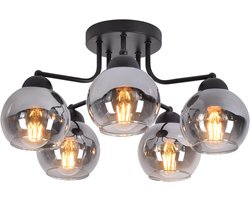 glazen plafondlamp voor de woonkamer: vintage woonkamerlamp, 5 lampen, zwart, rookgrijs, industrieel metaal, E27