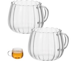 Glazen pompoenkopjes voor kantoordecoratie - transparante koffiemokken - kantoormokken met handgrepen - heldere koffiekopjes - glazen waterbeker met grote capaciteit - 2 stuks.