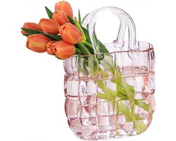 Glazen portemonnee vaas roze - handtas vorm vaas voor bloemen, boerderij decor, handgemaakte brede mond glazen vaas voor kantoor, thuis, woonkamer, eettafel decor