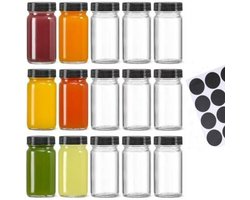 Glazen potten met deksel - 15 x 2 oz potten - inclusief 15 etiketten - transparant - perfect voor gembersmoothies, gezonde dranken, sappen, enz. - onmisbaar voor op reis - ontwerp met brede opening - lekvrij - vaatwasserbestendig