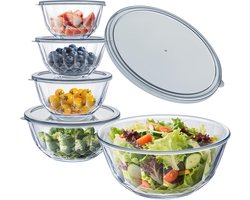 Glazen Saladeschalen met Deksel - 5 Stuks (0.8L, 1.05L, 1.6L, 2.7L, 4.45L) - Stapelbare Schalen met Diamantontwerp