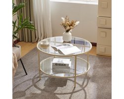 Glazen Salontafel - Ronde Tafel - Woonkamer Decoratie - Twee Lagen Opslag - 30 Inch - Helder Beige