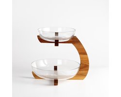 Glazen serveerschaal 2-laags met acacia houten houder