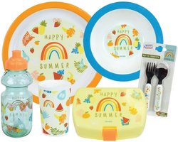 Glazen servies, soepbord, dinerbord, veldfles, lunchbox en 2 besteksets voor kinderen Fun House Fruity'S
