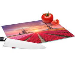 Glazen Snijplank - 28x20 - Bloemen - Windmolen - Tulpen - Zonsondergang - Roze - Snijplanken Glas