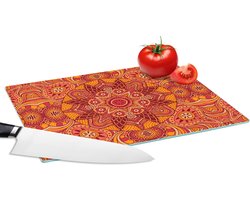 Glazen Snijplank - 28x20 - Mandala - Patroon - Vintage - Oranje - Rood - Snijplanken Glas