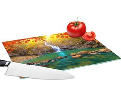 Glazen Snijplank - 28x20 - Stenen - Boom - Waterval - Herfst - Rood - Snijplanken Glas