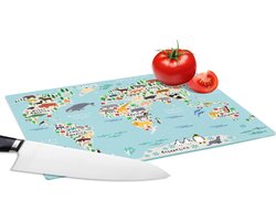 Glazen Snijplank - 28x20 - Wereldkaart - Kinderen - Dieren - Blauw - Orka - Walvis - Snijplanken Glas