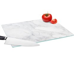 Glazen Snijplank - 39x28 - Marmer print - Wit - Grijs - Luxe - Marmerlook - Steen - Snijplanken Glas