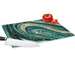 Glazen Snijplank - 39x28 - Marmerlook - Luxe - Goud - Turquoise - Glitter - Snijplanken Glas