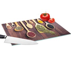 Glazen Snijplank - 39x28 - Verschillende kruiden op lepels - Snijplanken Glas - Keuken decoratie aanrecht