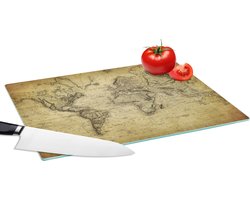 Glazen Snijplank - 39x28 - Wereldkaart - Vintage - Antiek - Bruin - Papier - Snijplanken Glas