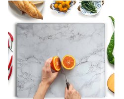 Glazen Snijplank 50×40 cm – Glass Cutting Board – Breukbestendig, Antislip & Hygiënisch – Grijze Marmerlook