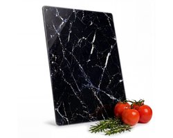Glazen Snijplank - Gehard Glas - Kras- en Hittebestendig - Antislip Voetjes - Hygiënisch - Ook als Serveerplank en Dienblad - Neemt Geen Geuren, Kleuren of Vocht Op - Marmerlook - Keuken - 35 x 25 x 0,7 cm - Zwart - Löwenthal