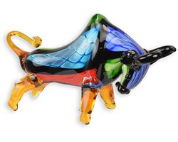 Glazen stierenbeeld Murano stijl – decoratief glazen beeld van een stier – kleurrijke Murano glassculptuur voor woonkamer, kantoor of cadeau